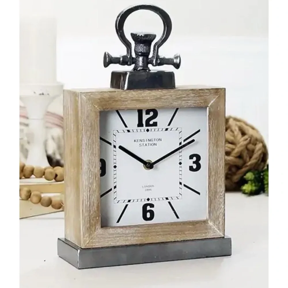 Rustic Industrial Square Table Clock Silver Metal Accents Antique Farmhouse